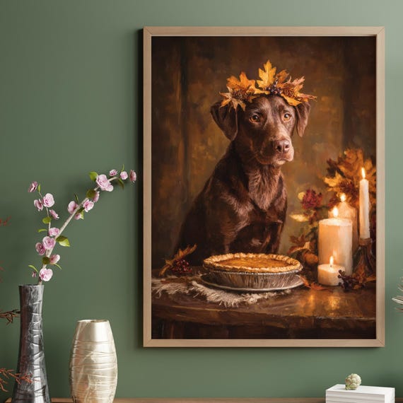 Thanksgiving Dog Art Oil Painting Chocolate Labrador Fall Leaf Crown Festive Wall Decor
