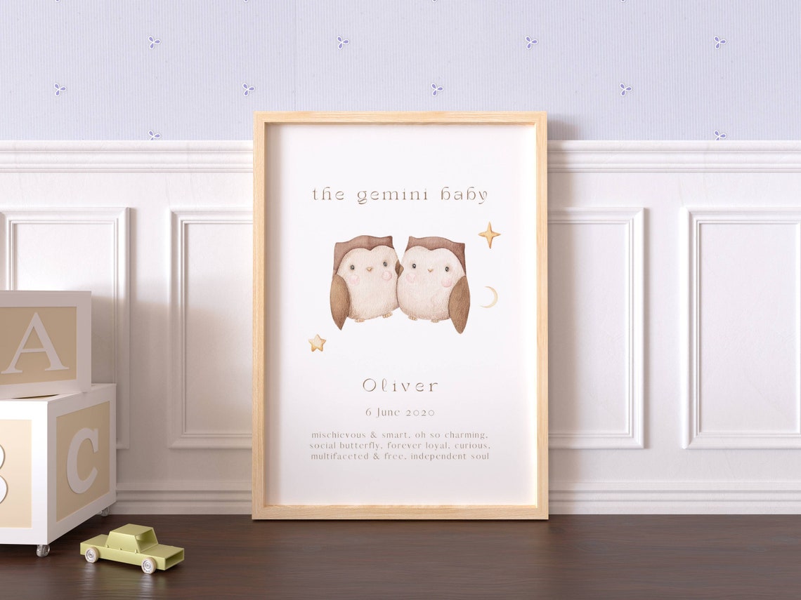 Custom Gemini Baby Zodiac Print Personalized Twin Owls Nursery Decor - Image 3
