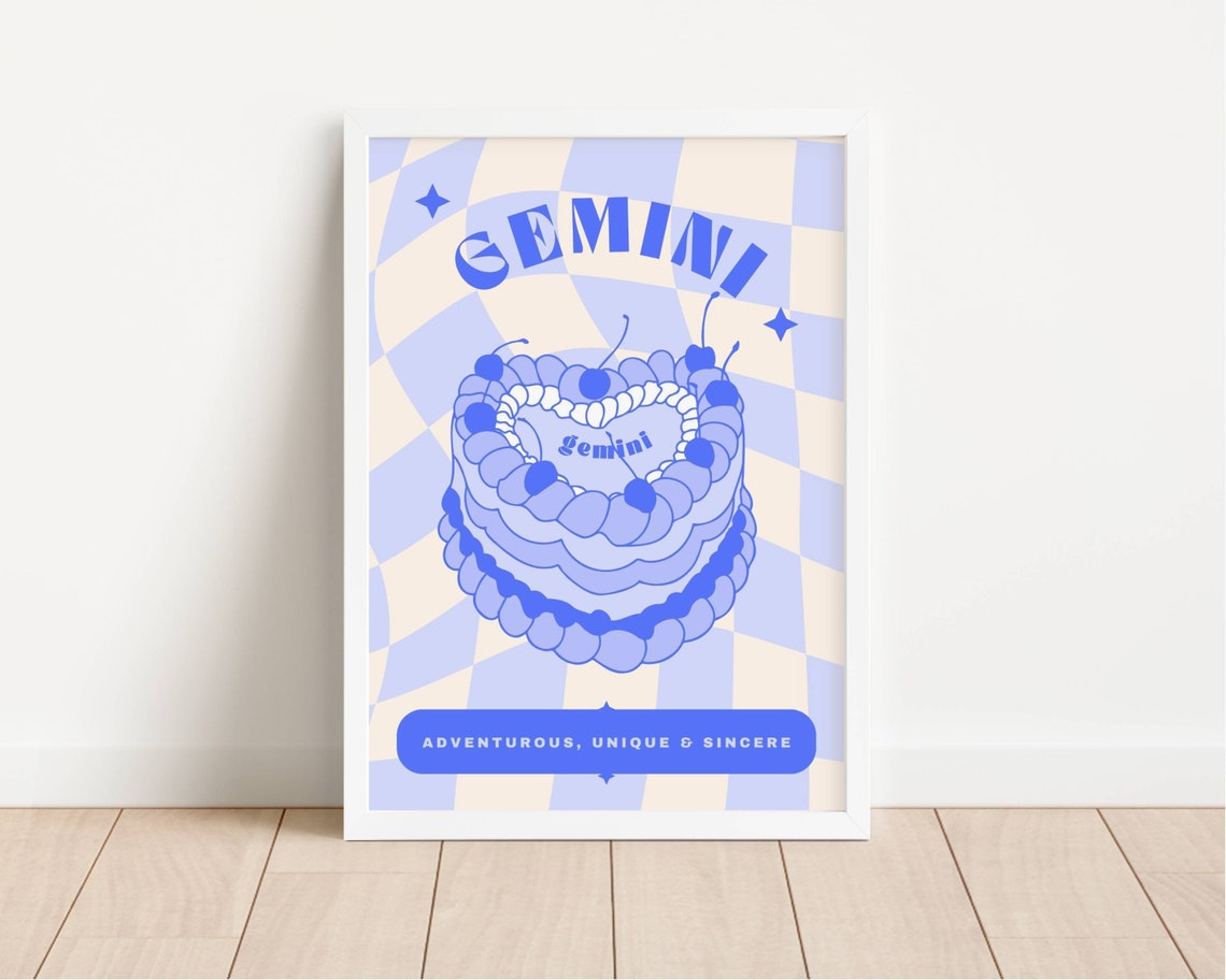 Gemini Blue Birthday Cake Zodiac Star Sign Retro Checkerboard Poster - Image 2