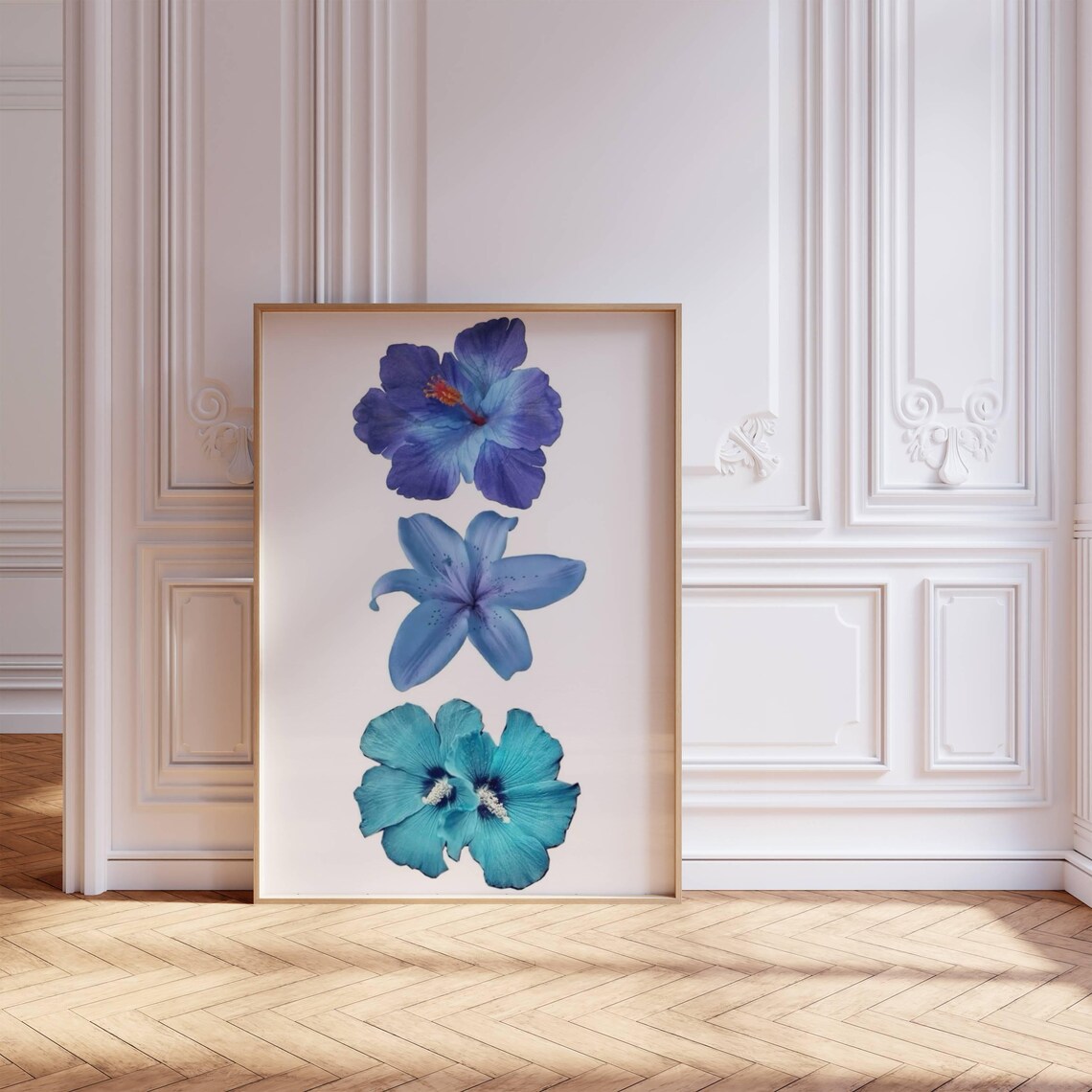 Blue Hibiscus Lily Trio Minimalist Botanical Floral Art Print Poster - Image 2