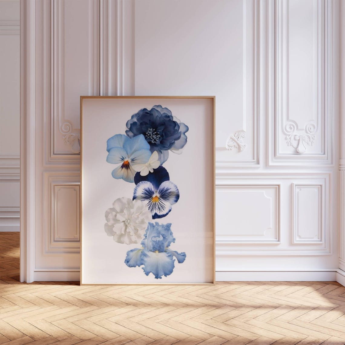 Blue Flowers Vertical Watercolor Pansy Iris Botanical Minimalist Print - Image 3