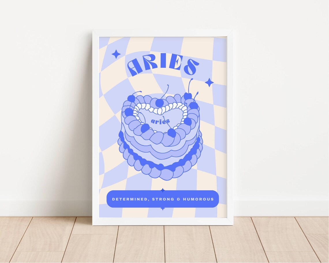 Aries Blue Birthday Cake Zodiac Star Sign Retro Checkerboard Poster - Image 2