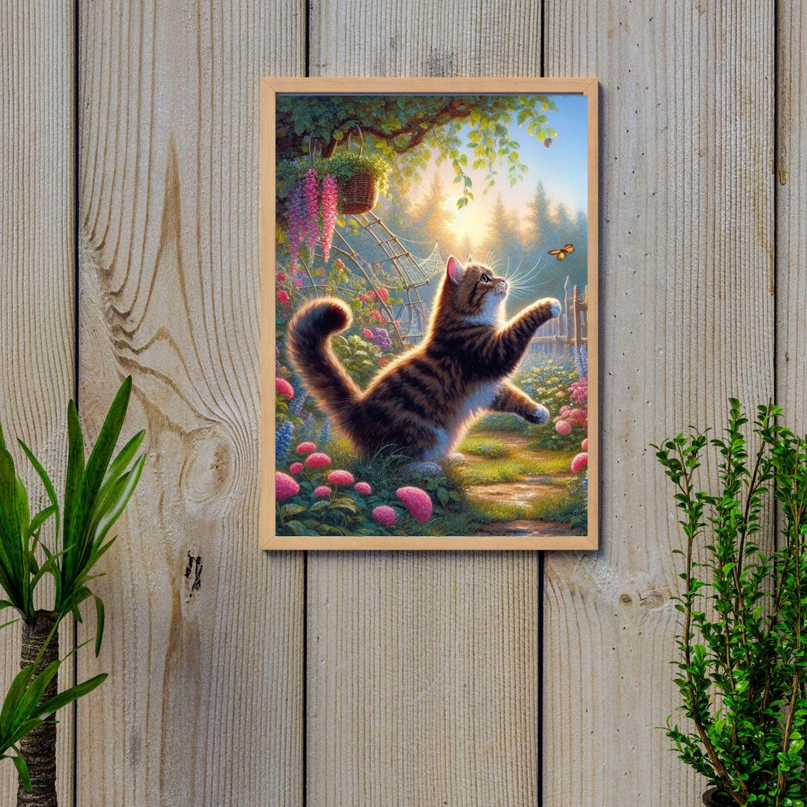 Playful Tabby Cat Chasing A Butterfly In A Blooming Garden Poster - Image 4