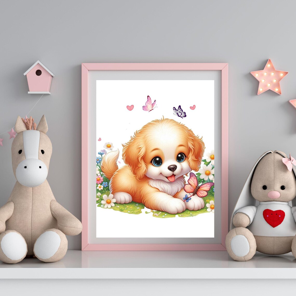 Golden Puppy Among Daisies and Butterflies in a Meadow Poster - Image 2