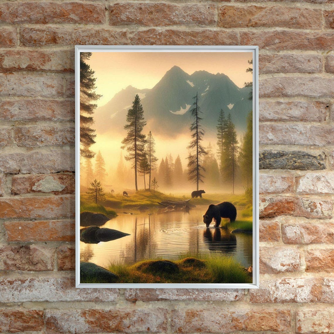 Brown Bear Drinking at a Mountain Lake at Sunset Wilderness Poster - Image 5