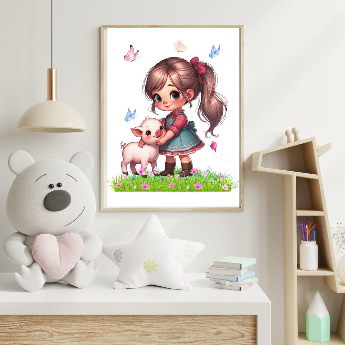 Little Farm Girl Hugging Her Piglet in a Flower Meadow Poster - Image 4
