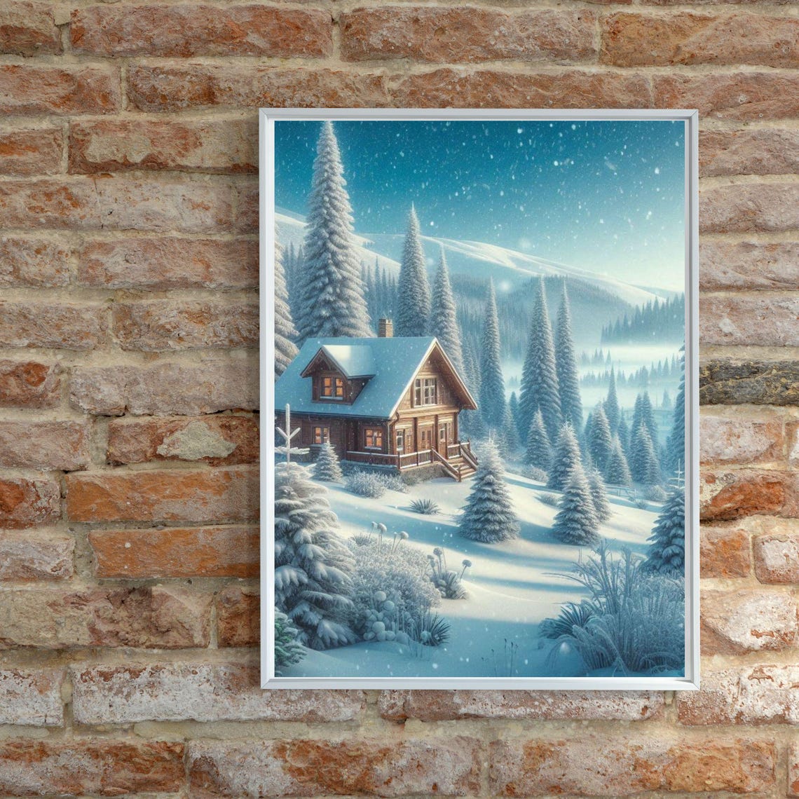 Cozy Snowy Log Cabin Among Pine Trees on a Winter Night Poster - Image 2