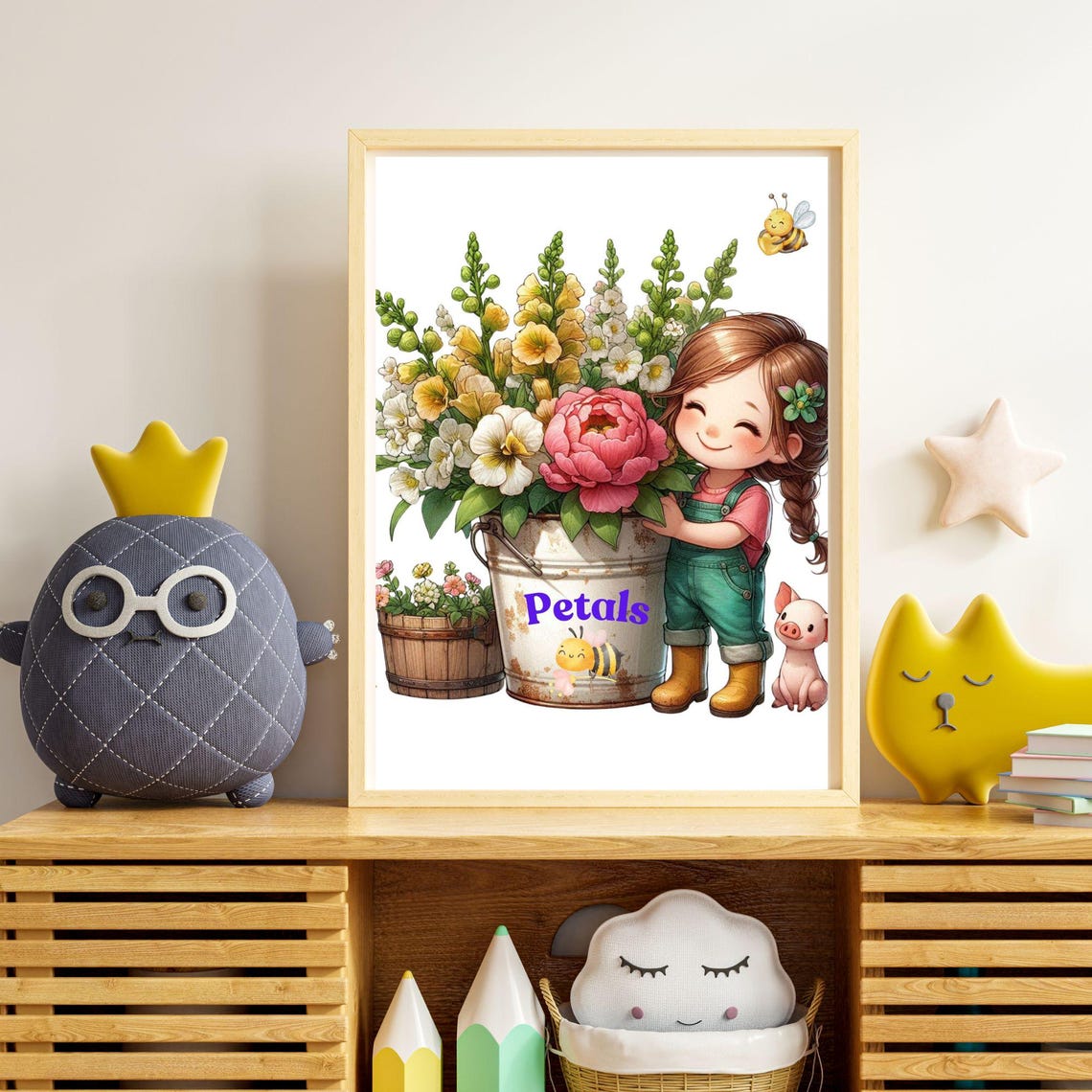 Petals Farm Girl With Big Flower Bucket Piglet and Bees Poster - Image 2