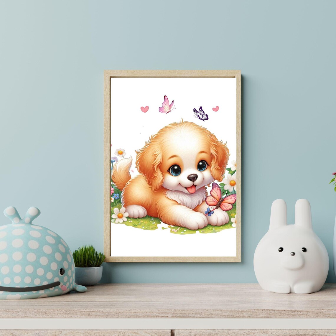 Golden Puppy Among Daisies and Butterflies in a Meadow Poster - Image 3