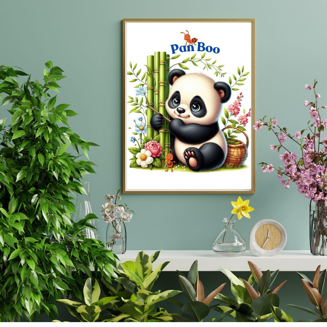 Pan Boo Baby Panda Among Bamboo and Flowers Kids Room Poster - Image 2