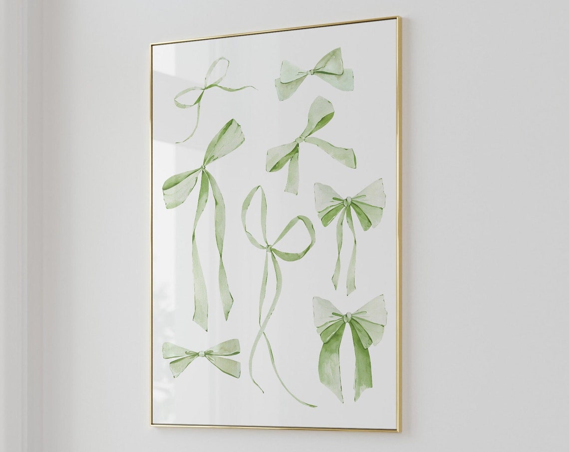 Green Watercolor Bows Ribbon Scatter Sage Botanical Coquette Wall Art - Image 3