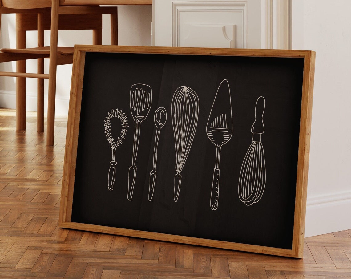 Kitchen Utensils Chalkboard Blackboard Line Art Cooking Wall Poster