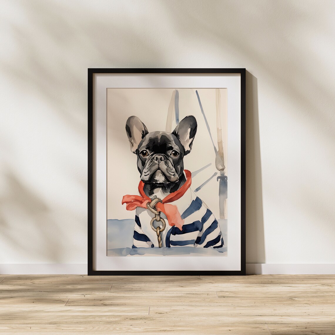 Captain French Bulldog in Red Scarf Fun Nautical Dog Art Poster - Image 2