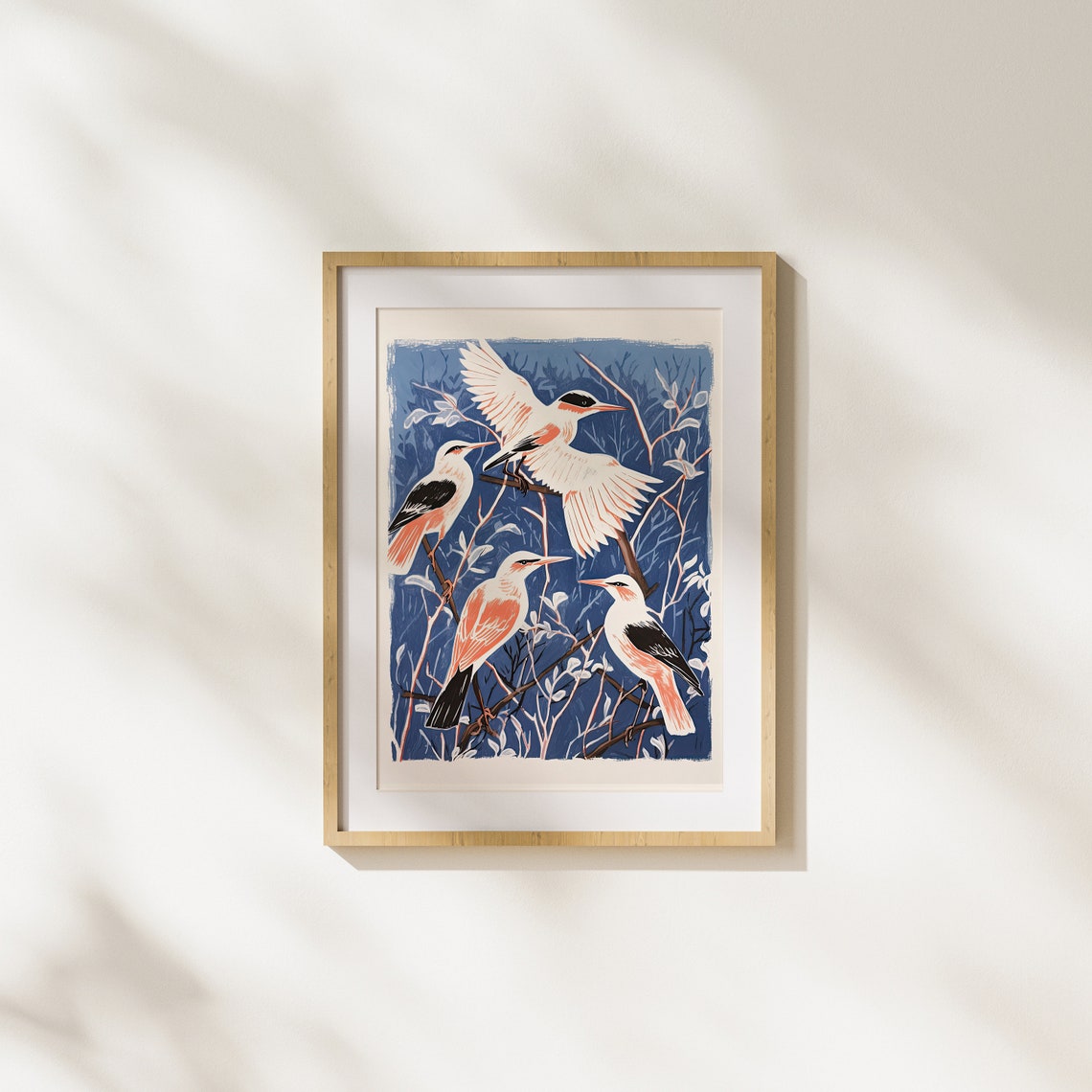 Four Stylized Birds Perched On Branches Deep Blue Nature Art Poster