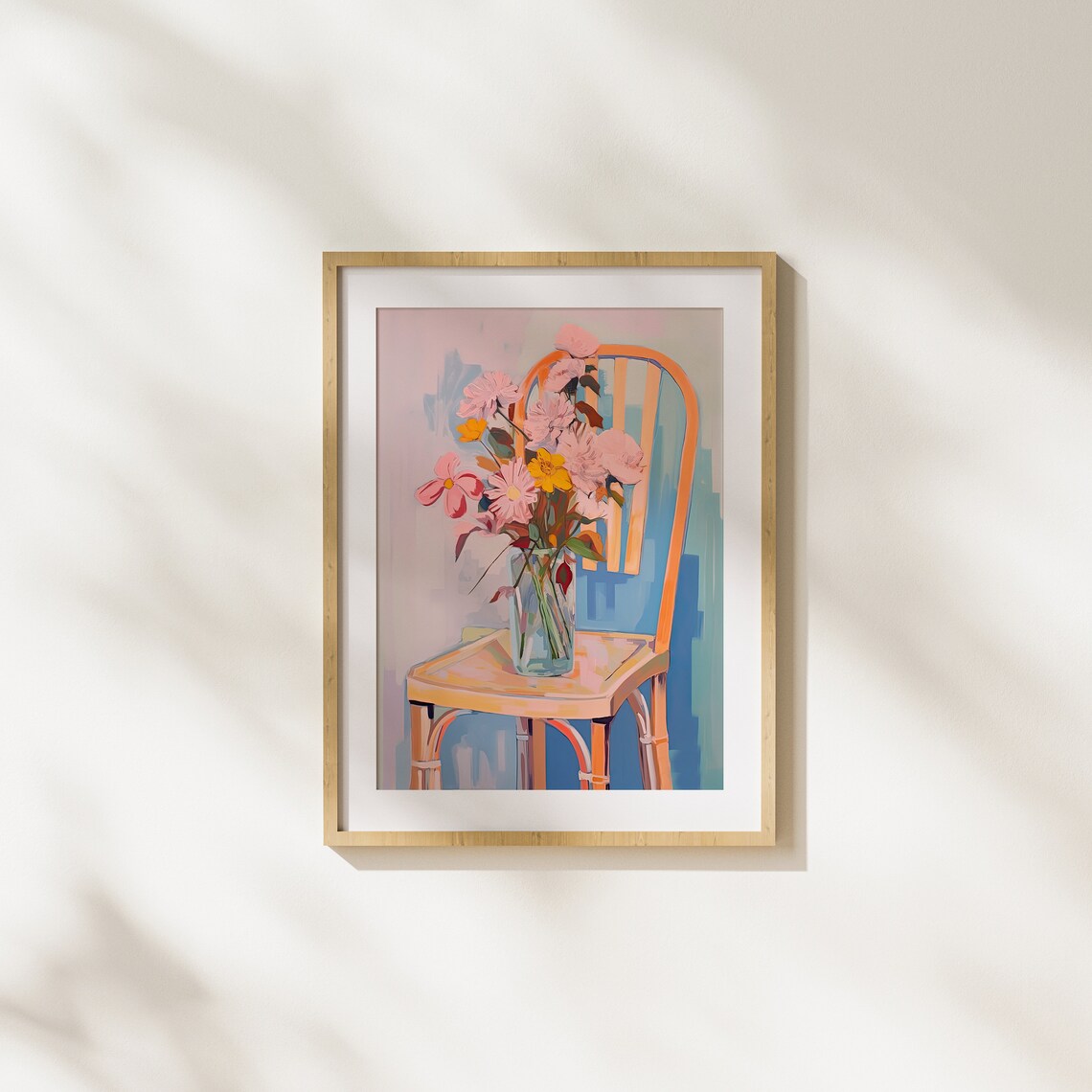 Glass Vase Of Pink Flowers On Wooden Chair Bright Modern Art Poster