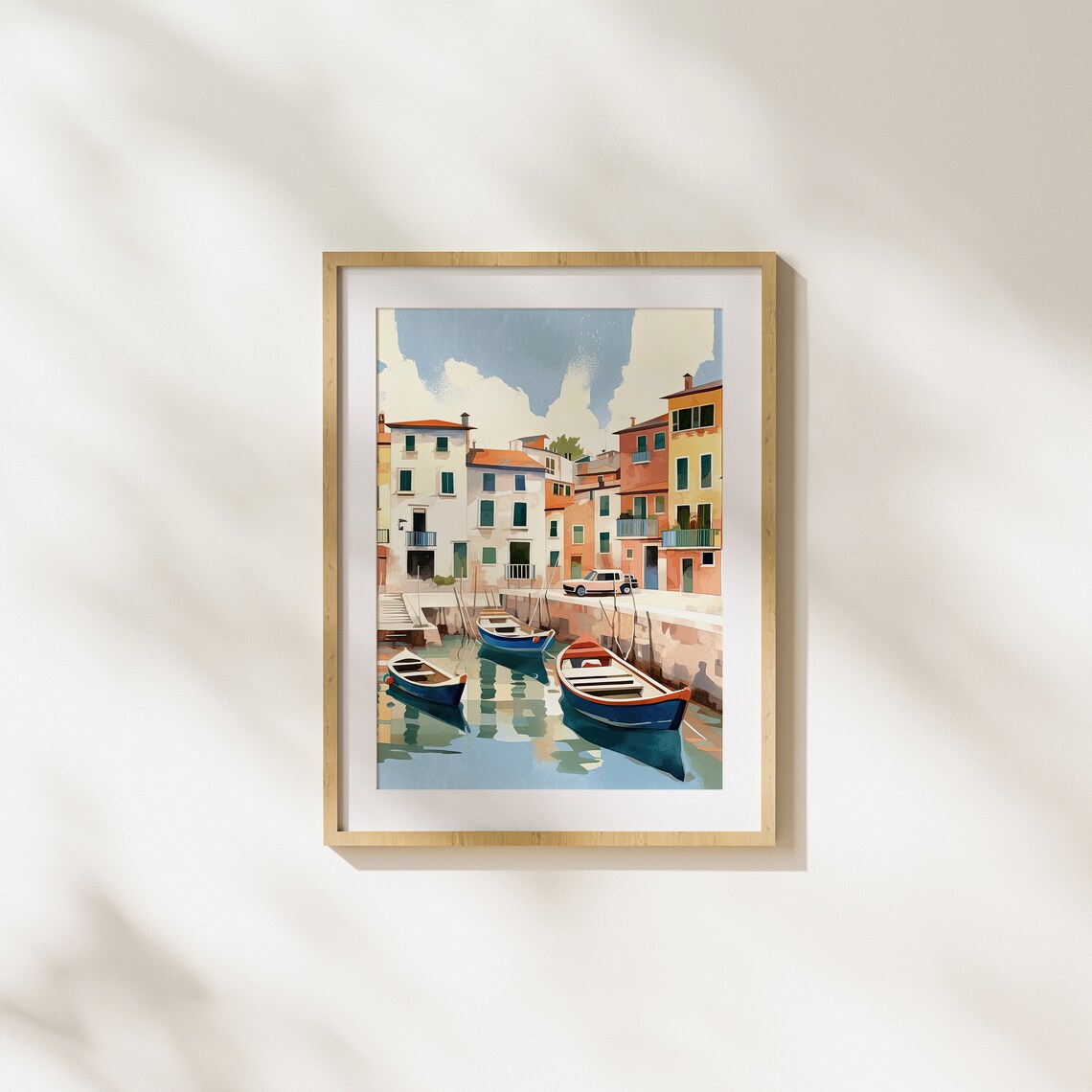 Mediterranean Harbor with Colorful Boats and Pastel Houses Poster