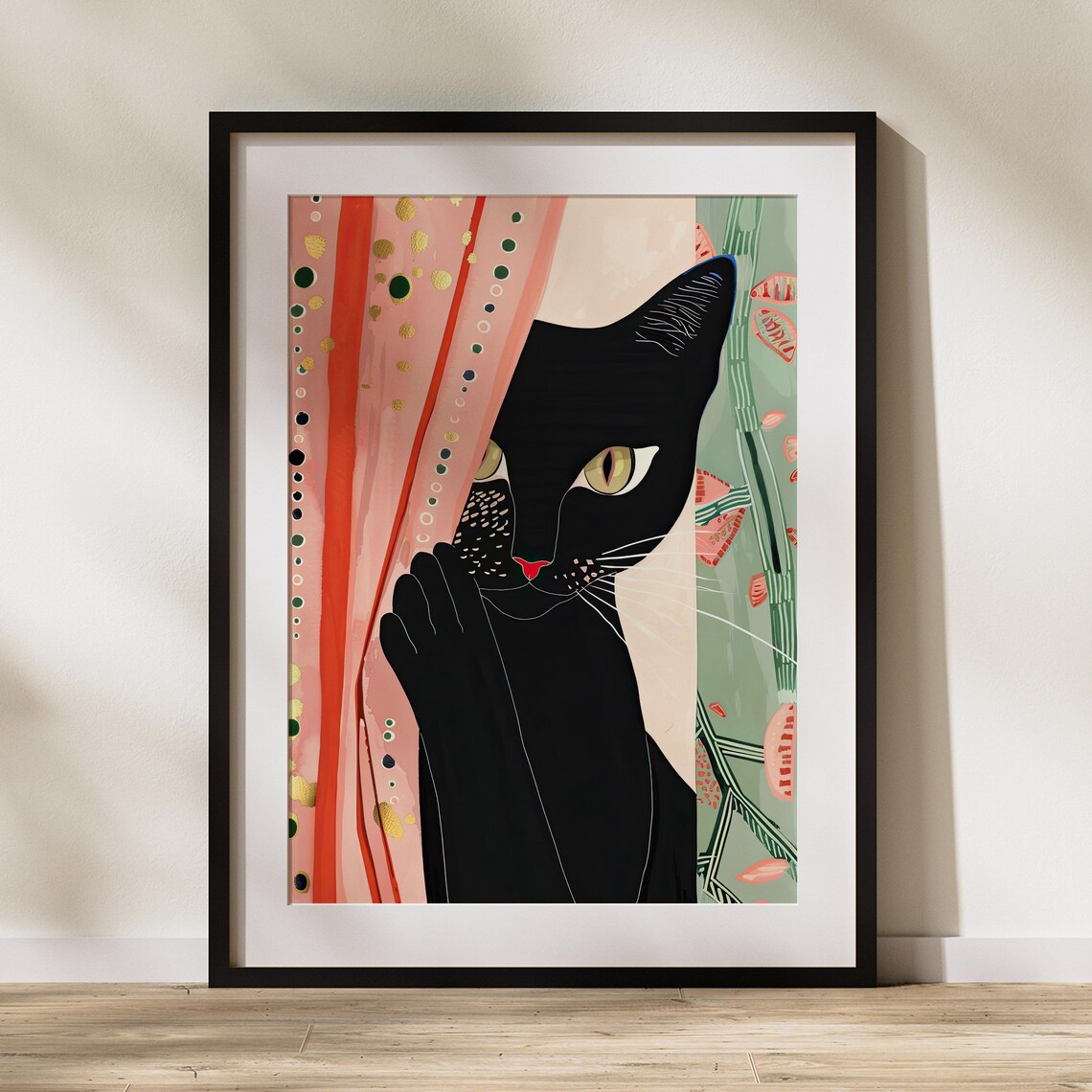 Black Cat Peeking From Curtain Modern Illustration Art Print - Image 2