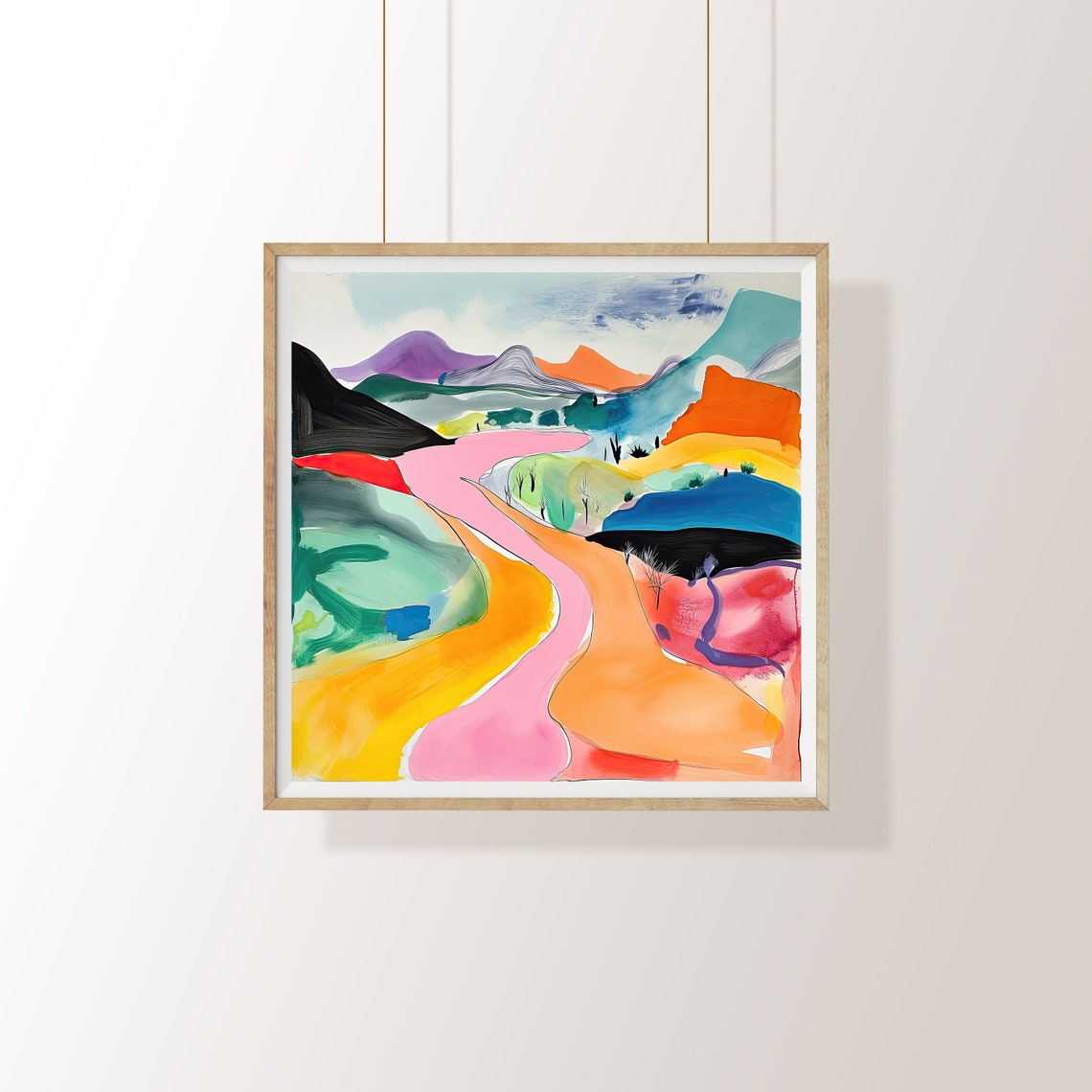 Vivid Abstract Landscape with a Winding Pink Path Through Hills Poster
