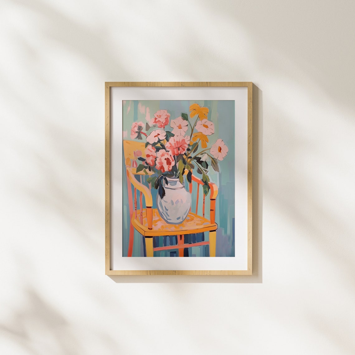 Pink Blossoms In A Vase On A Yellow Chair Modern Still Life Art Poster