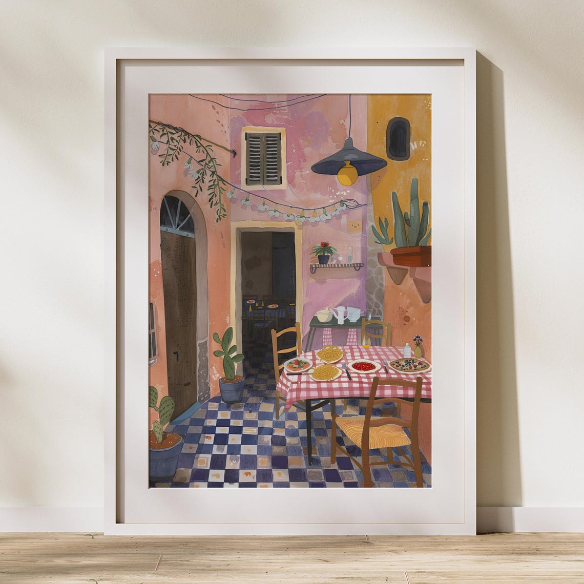 Sunny Mediterranean Cafe Terrace with Pasta Dinner Table Poster - Image 2
