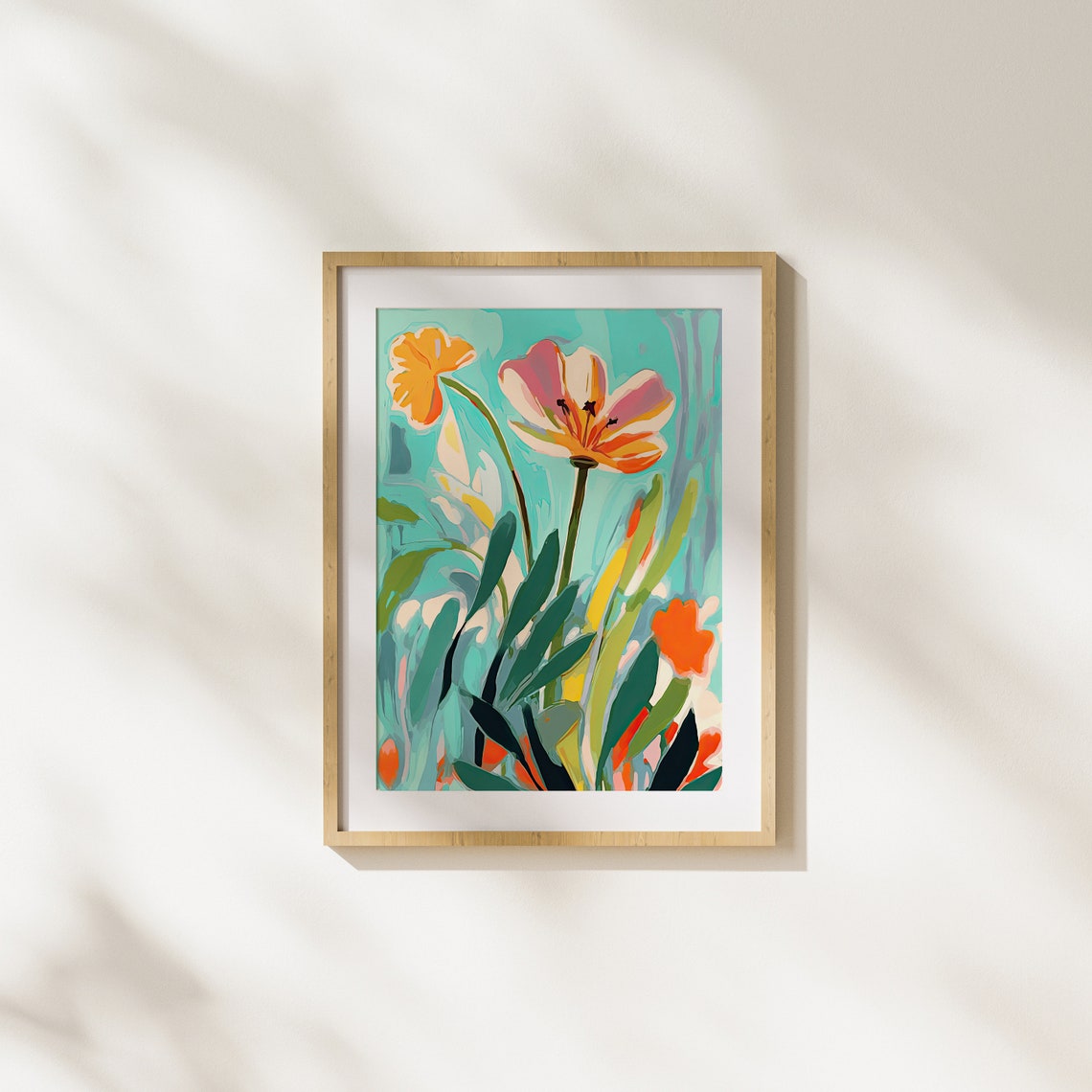 Orange Pink Blossoms Painterly Floral Art On Teal Background Poster