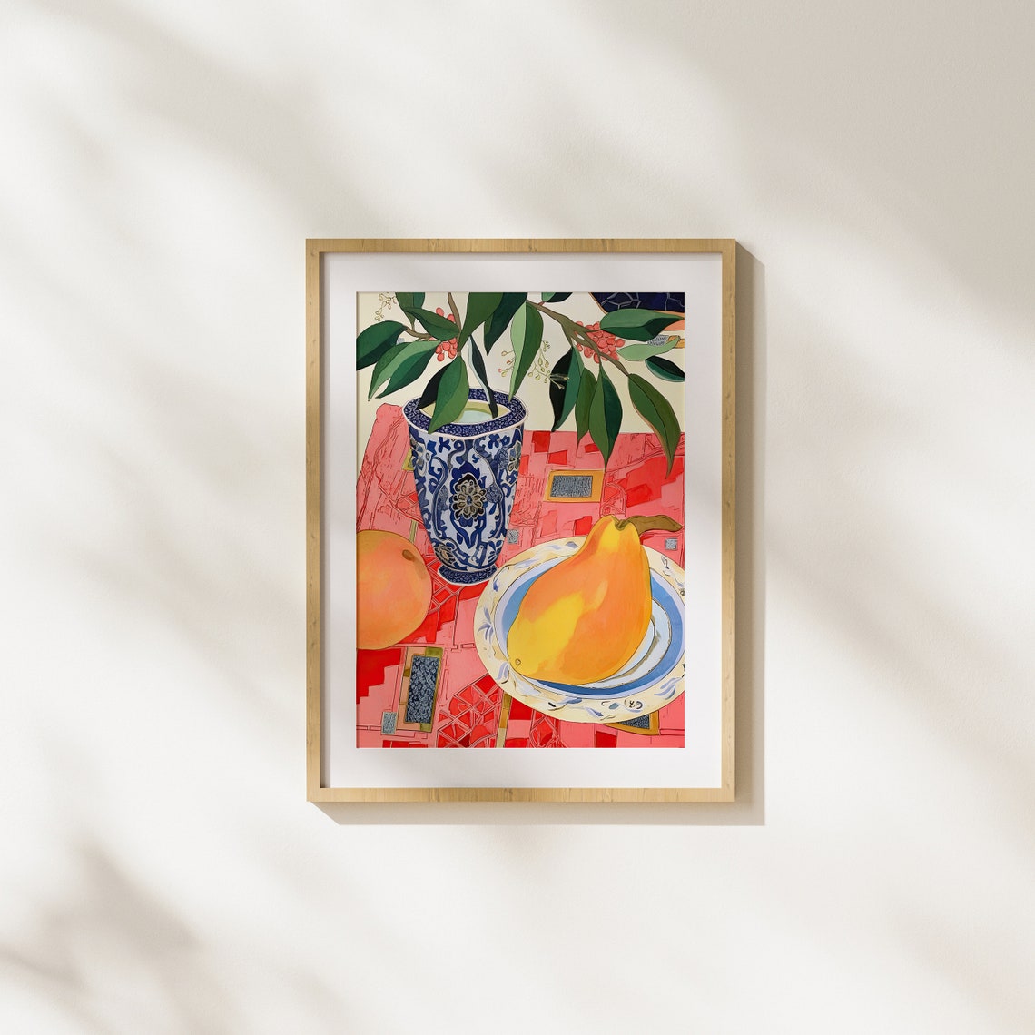Still Life with Pears and Blue Porcelain Vase Bold Colors Poster