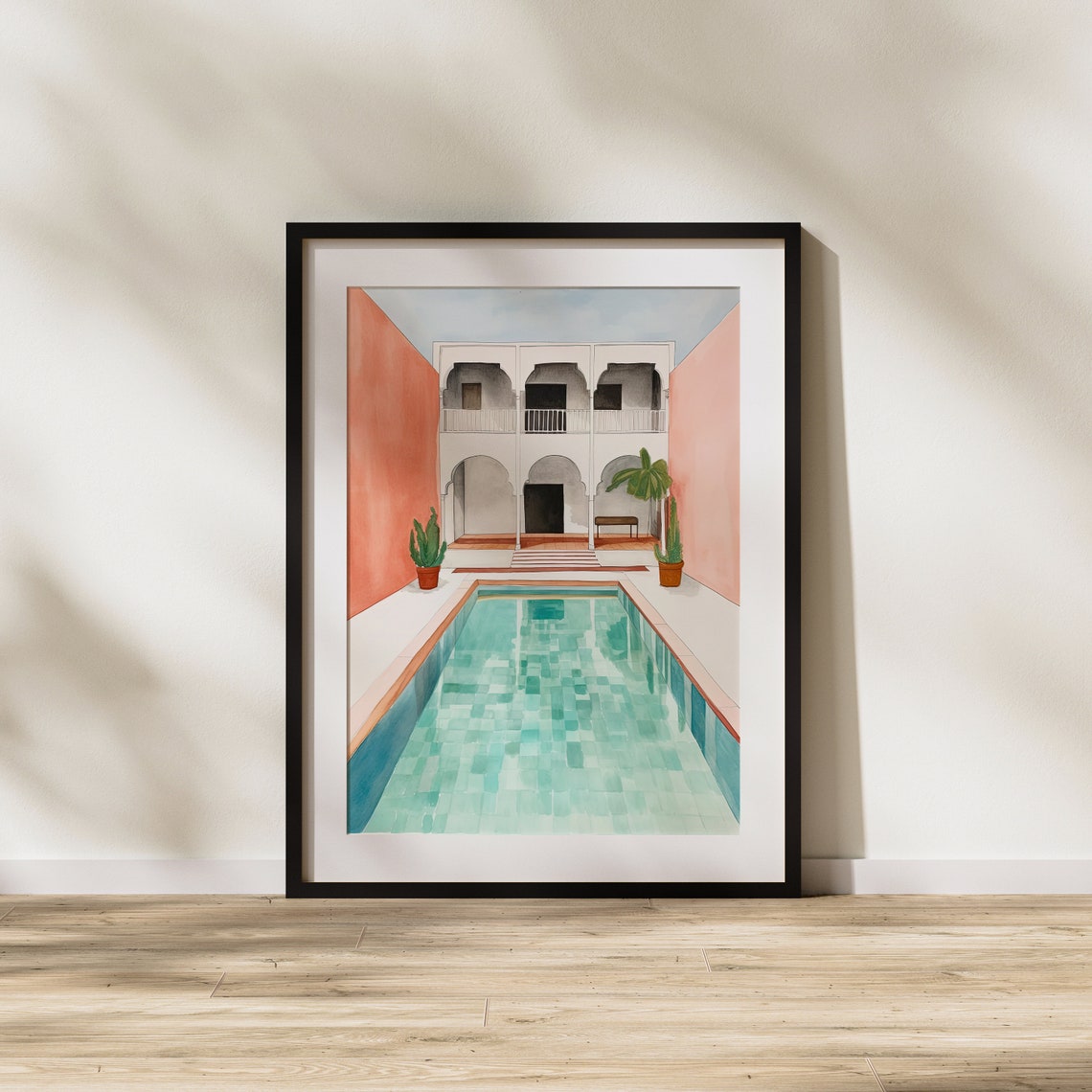 Turquoise Pool In Sunlit Mediterranean Courtyard Watercolor Art Poster - Image 2