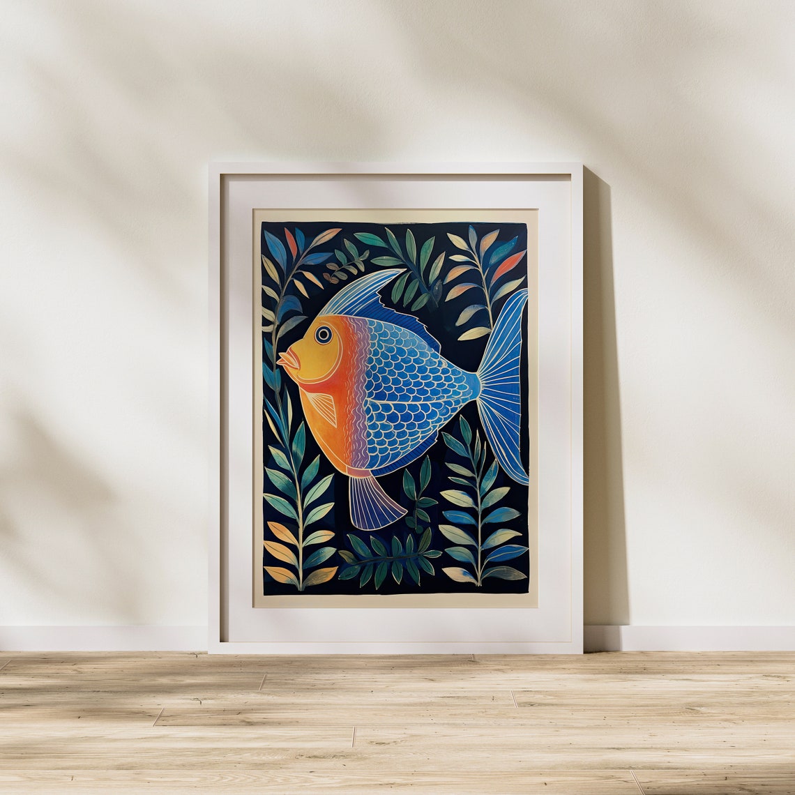 Folk Art Blue Fish with Plants Bold Orange on Dark Navy Poster - Image 2
