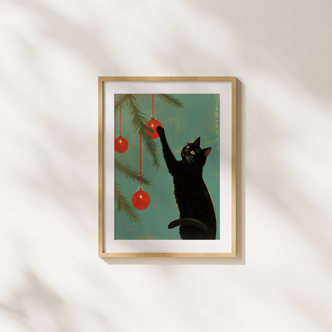 Playful Black Cat Reaching Christmas Ornaments Holiday Tree Poster