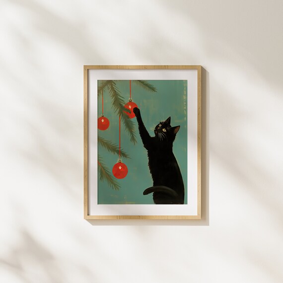 Playful Black Cat Reaching Christmas Ornaments Holiday Tree Poster