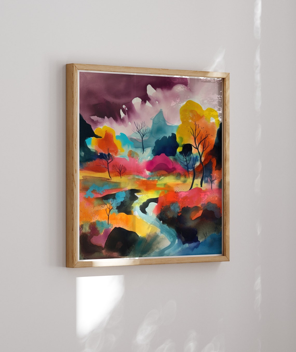 Moody Autumn Night Landscape with Stream Vivid Watercolor Art Poster - Image 2