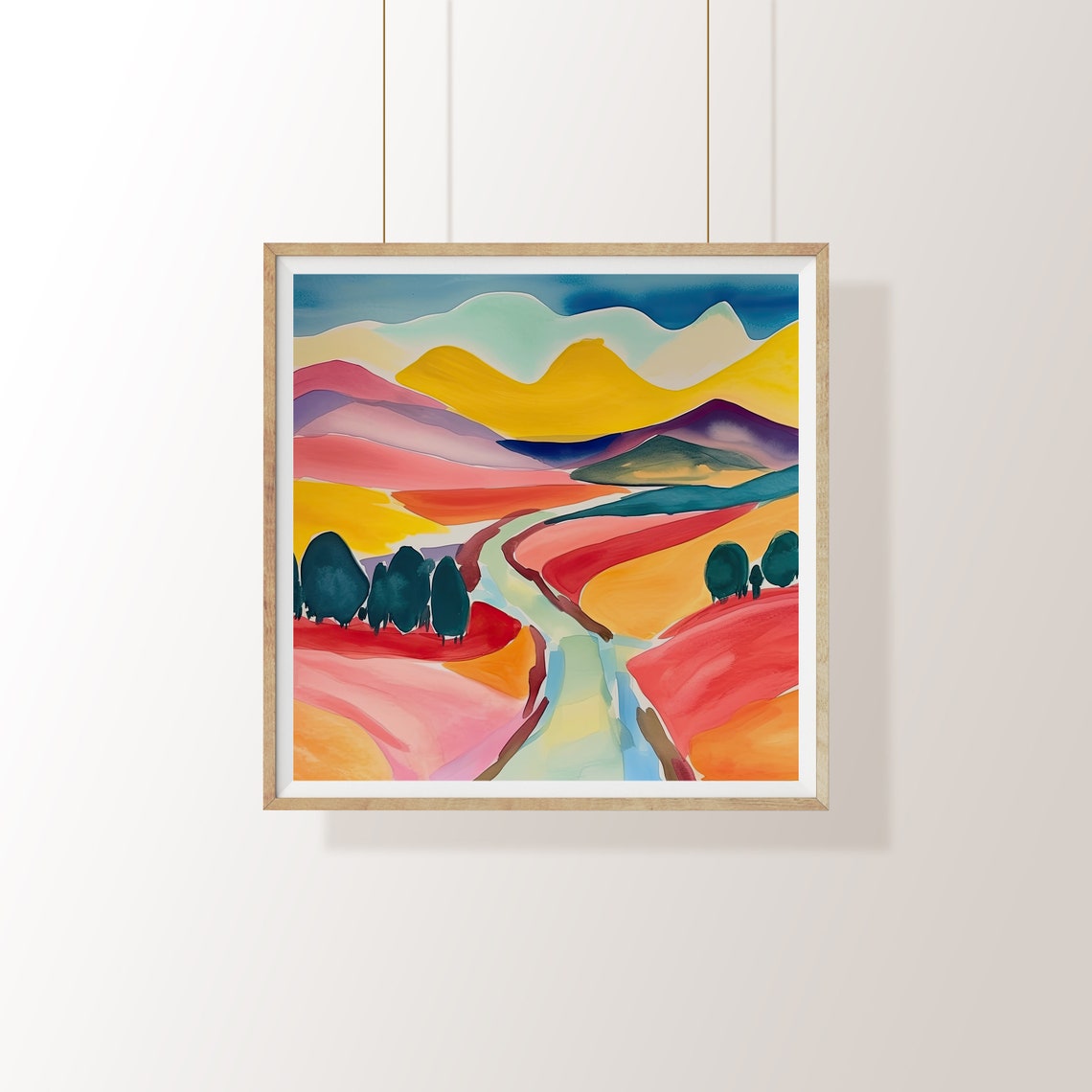 Colorful Rainbow Valley With Winding River Abstract Landscape Poster
