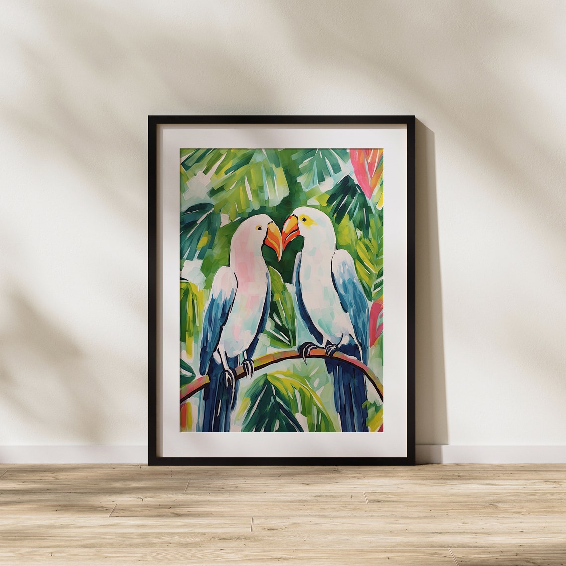 Two White Parrots Perched Together Lush Tropical Jungle Art Poster - Image 2