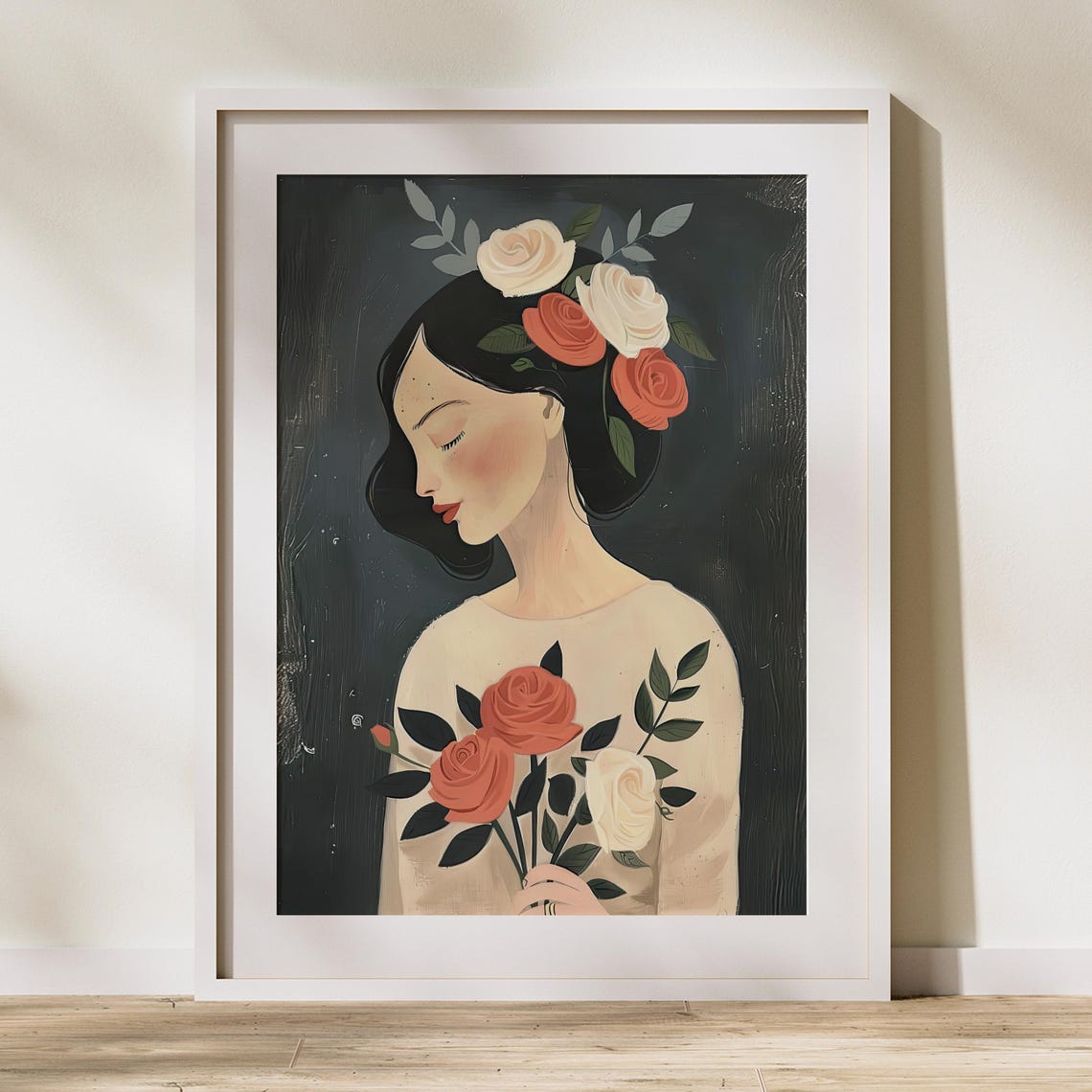 Elegant Woman with Roses in Her Hair on Dark Background Poster - Image 2