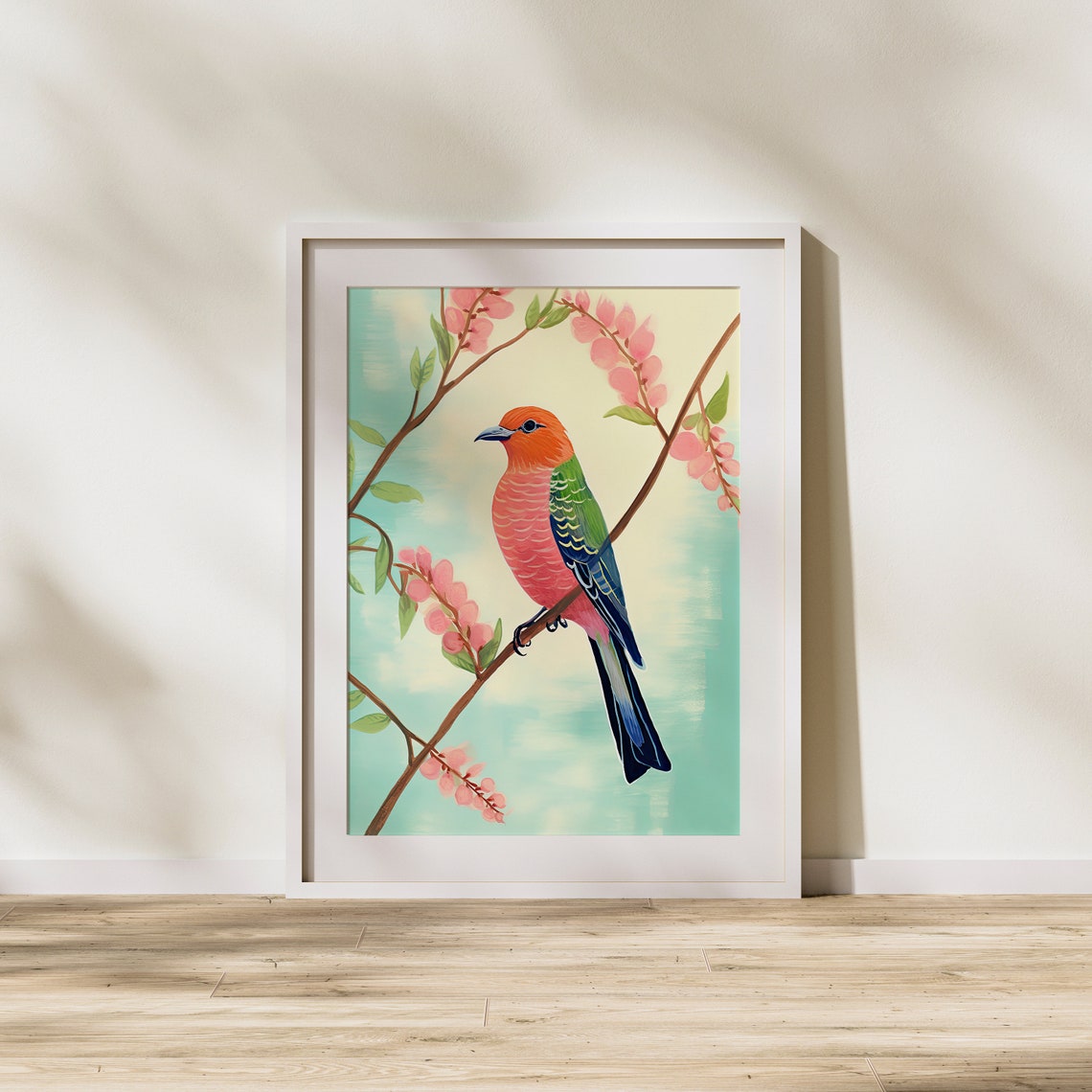 Rainbow Songbird on Pink Blossom Branch Delicate Bird Art Poster - Image 2