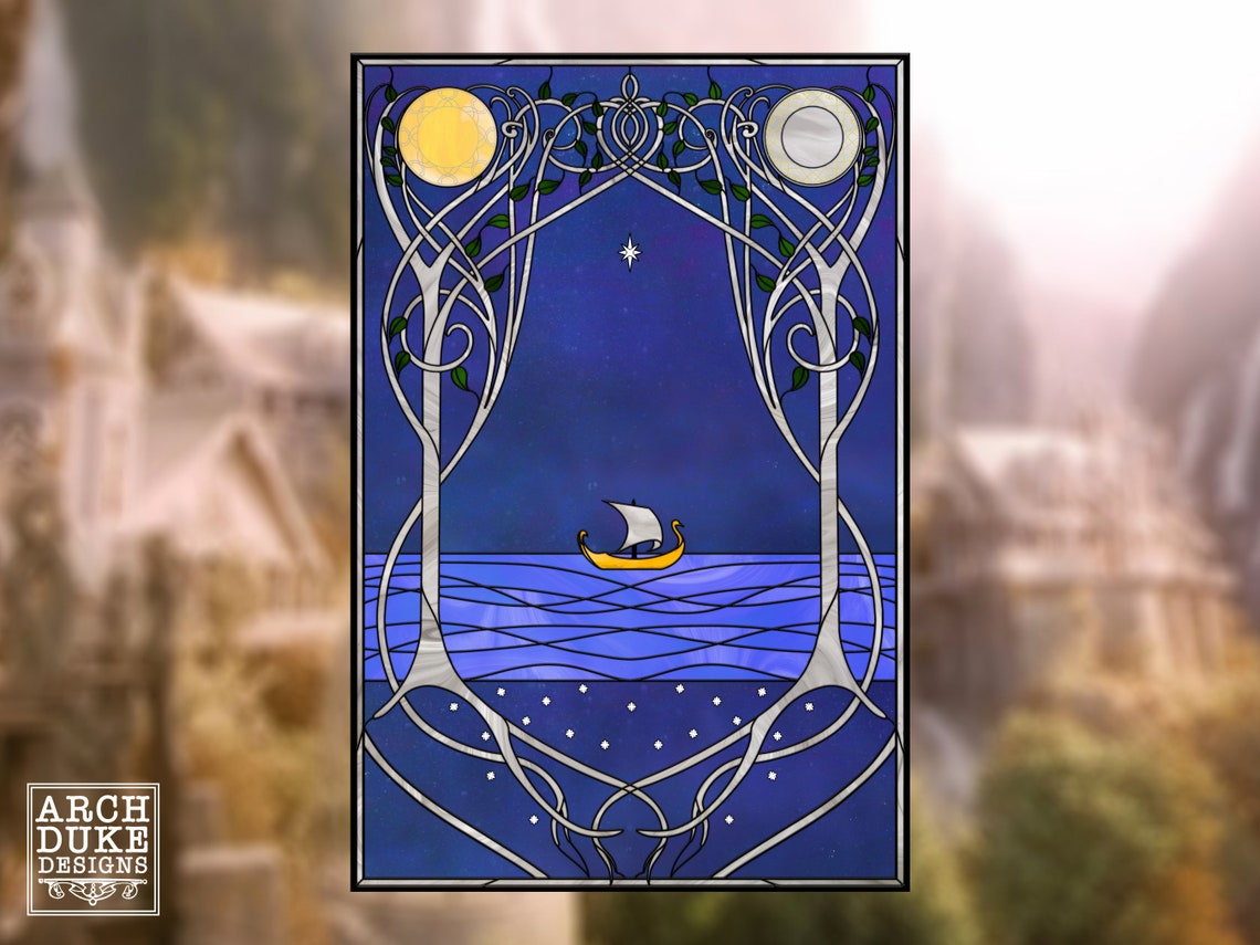 Elvish Stained Glass Elven Ship Moon Voyage Fantasy Art Poster