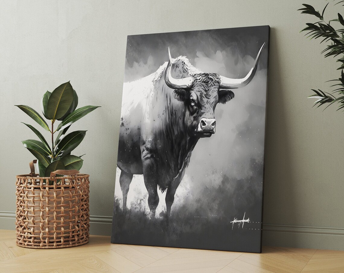 Black And White Longhorn Bull Watercolor Painting Art Poster - Image 3
