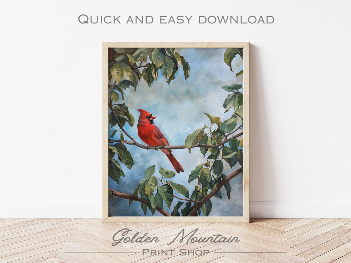 Red Northern Cardinal Perched Branch Green Leaves Bird Art Poster - Image 2