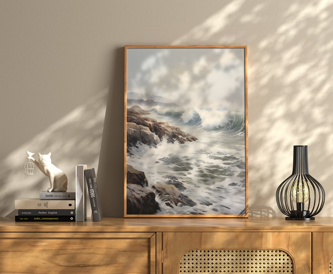 Rocky Coastline Waves Crashing Vintage Ocean Seascape Oil Poster - Image 2