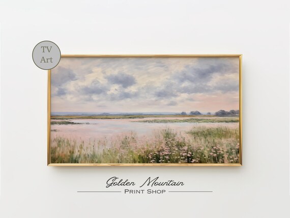 Pink Marsh Wetland Sunset Wildflowers Pastel Landscape TV Wall Art