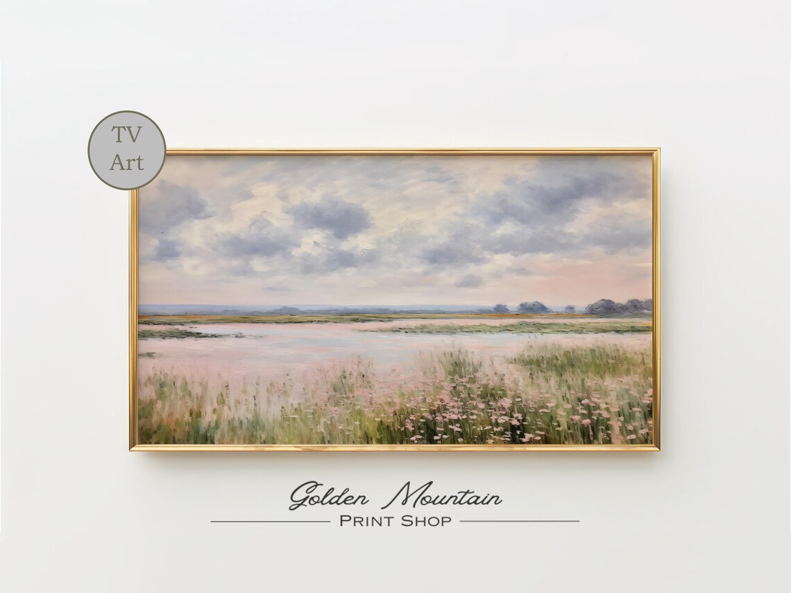 Pink Marsh Wetland Sunset Wildflowers Pastel Landscape TV Wall Art
