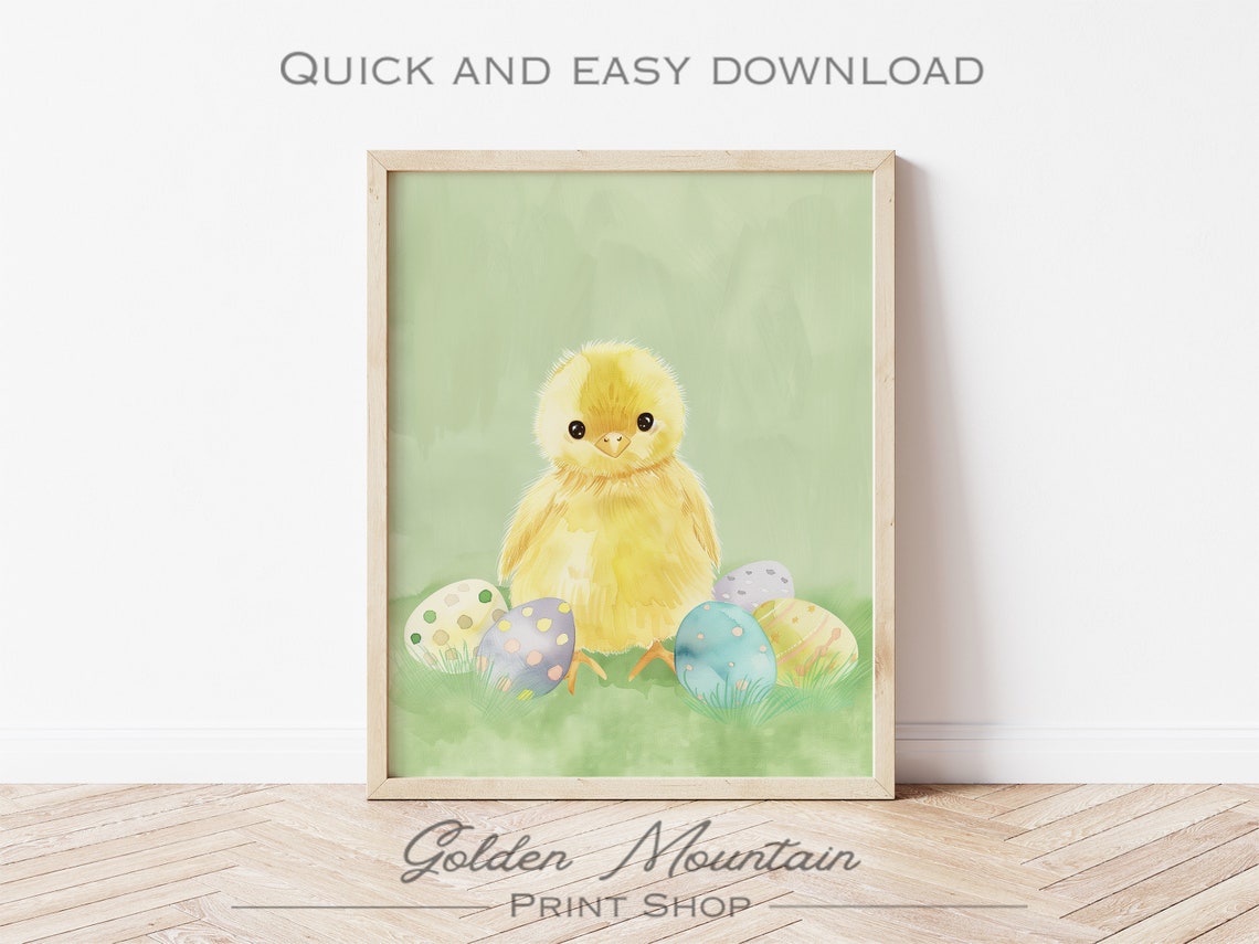 Cute Easter Chick Print Watercolor Nursery Room Decor Spring Holiday Art Colorful Easter Eggs Kids Room Decoration - Image 3