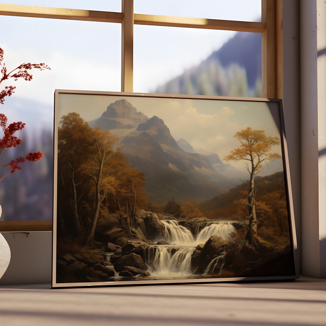 Mountain Waterfall Autumn Valley Golden Birch Vintage Fall Poster - Image 3
