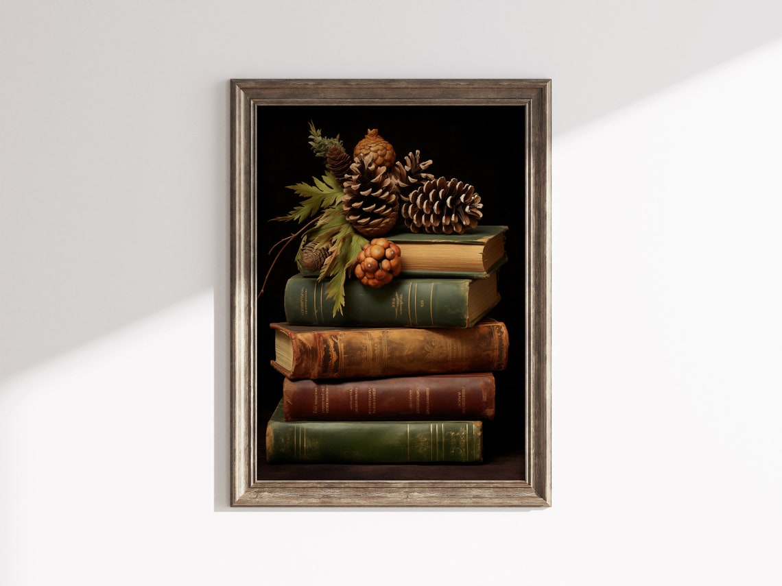 Vintage Book Stack Pinecone Still Life Rustic Autumn Decor Poster - Image 2