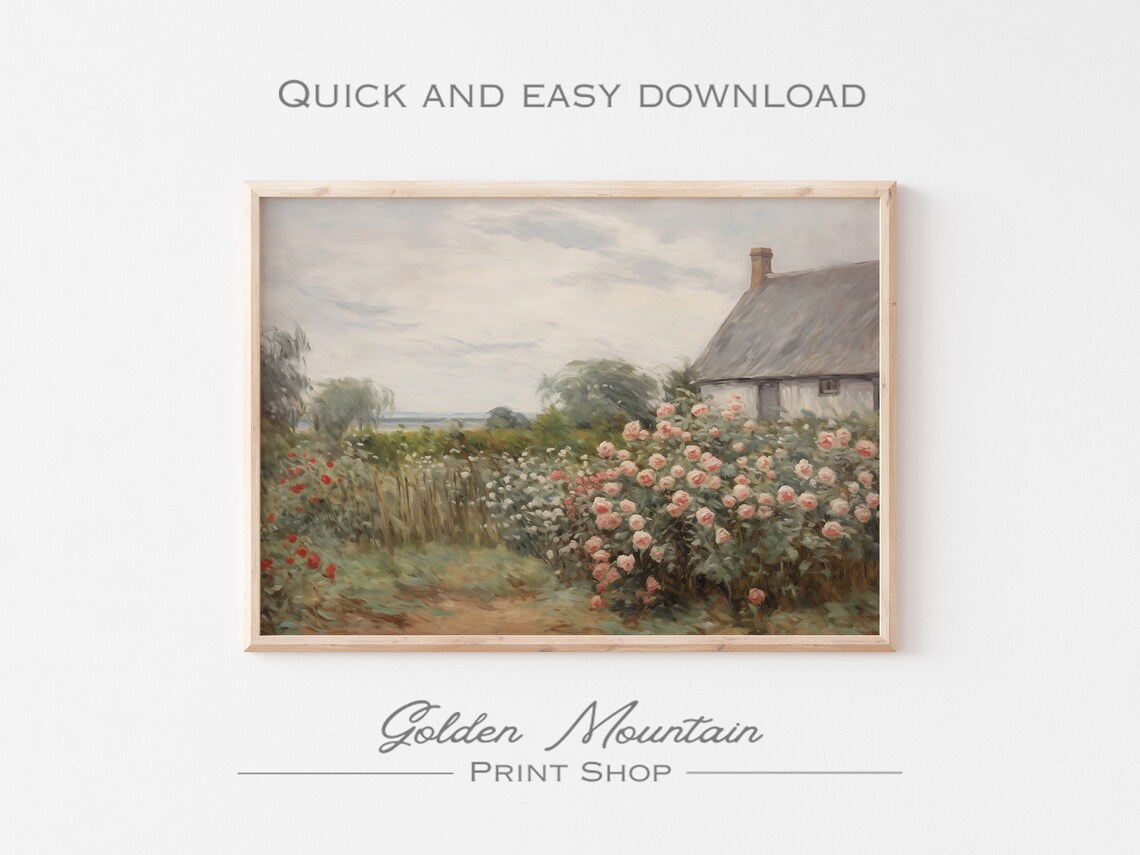 Cottage Rose Garden Thatched House English Summer Day Wall Art - Image 3