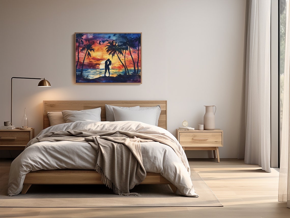 Romantic Sunset Beach Kiss Couple Silhouette Palm Trees Art Poster - Image 3