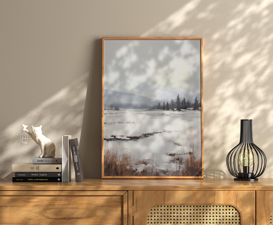 Frozen Winter Lake Distant Snowy Mountain Minimalist Wall Art - Image 2