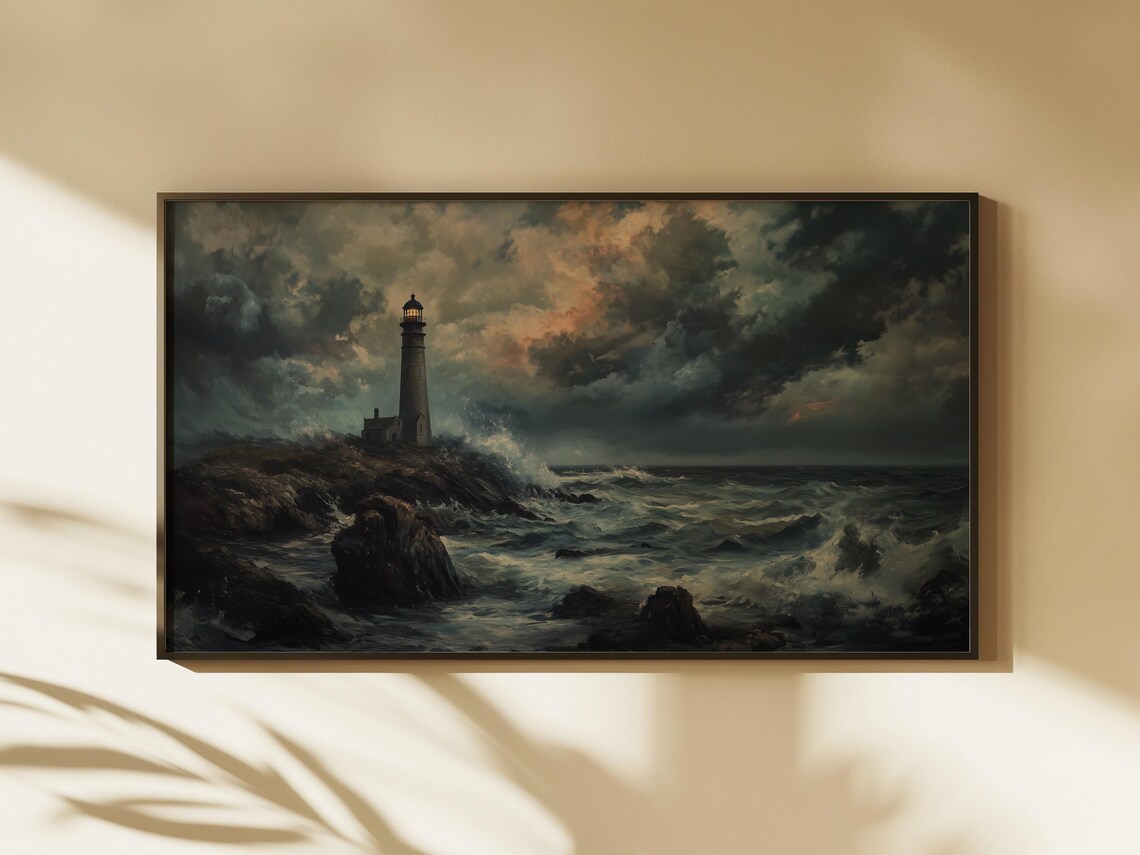 Stormy Lighthouse on Rocky Coast Dark Moody Seascape Oil Poster - Image 3