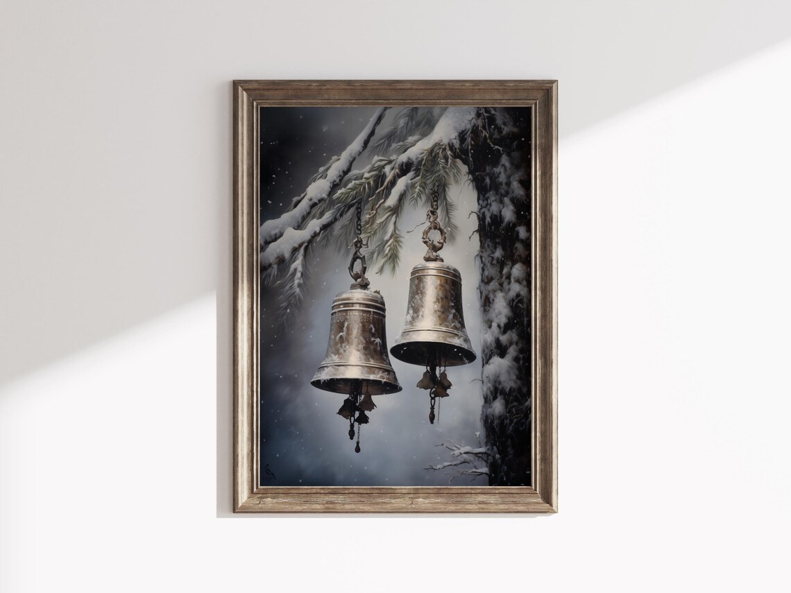 Silver Winter Bells Snowy Pine Branch Vintage Christmas Poster - Image 3