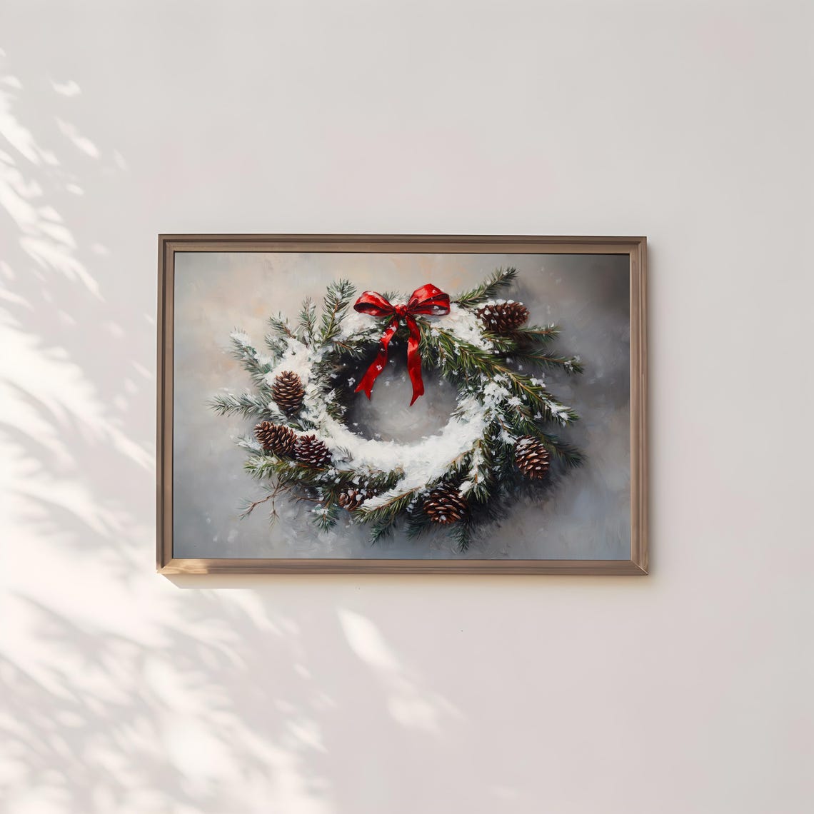 Snowy Pine Wreath Red Bow Pinecones Christmas Holiday Poster - Image 2